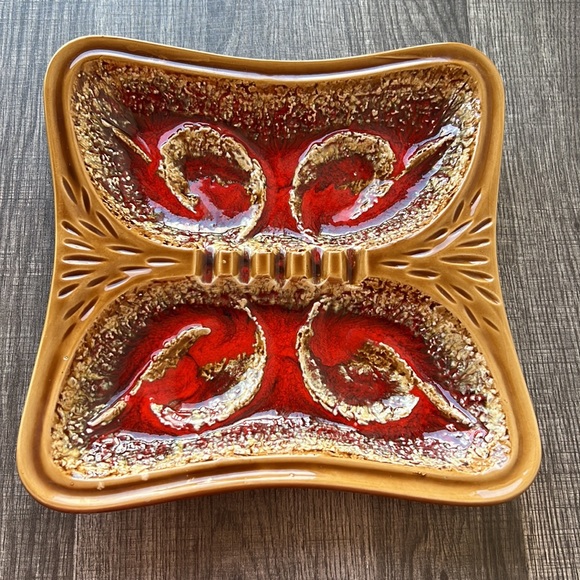 Vintage Mid Century 70’s Ashtray Browns & Red Drip Glasé - Picture 2 of 9